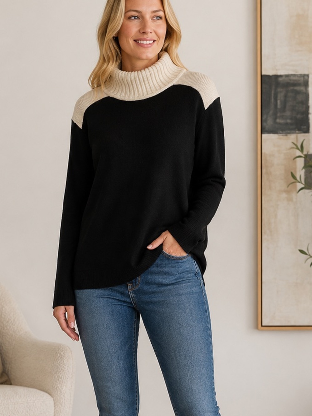Lilla P Color Block Mockneck Cashmere Blend Sweater Size XL